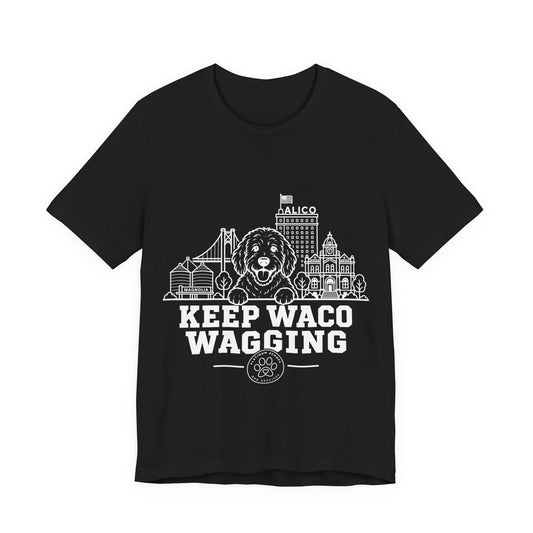 Keep Waco Wagging Doodle Edition — Doodle and Waco skyline artwork on Black tee
