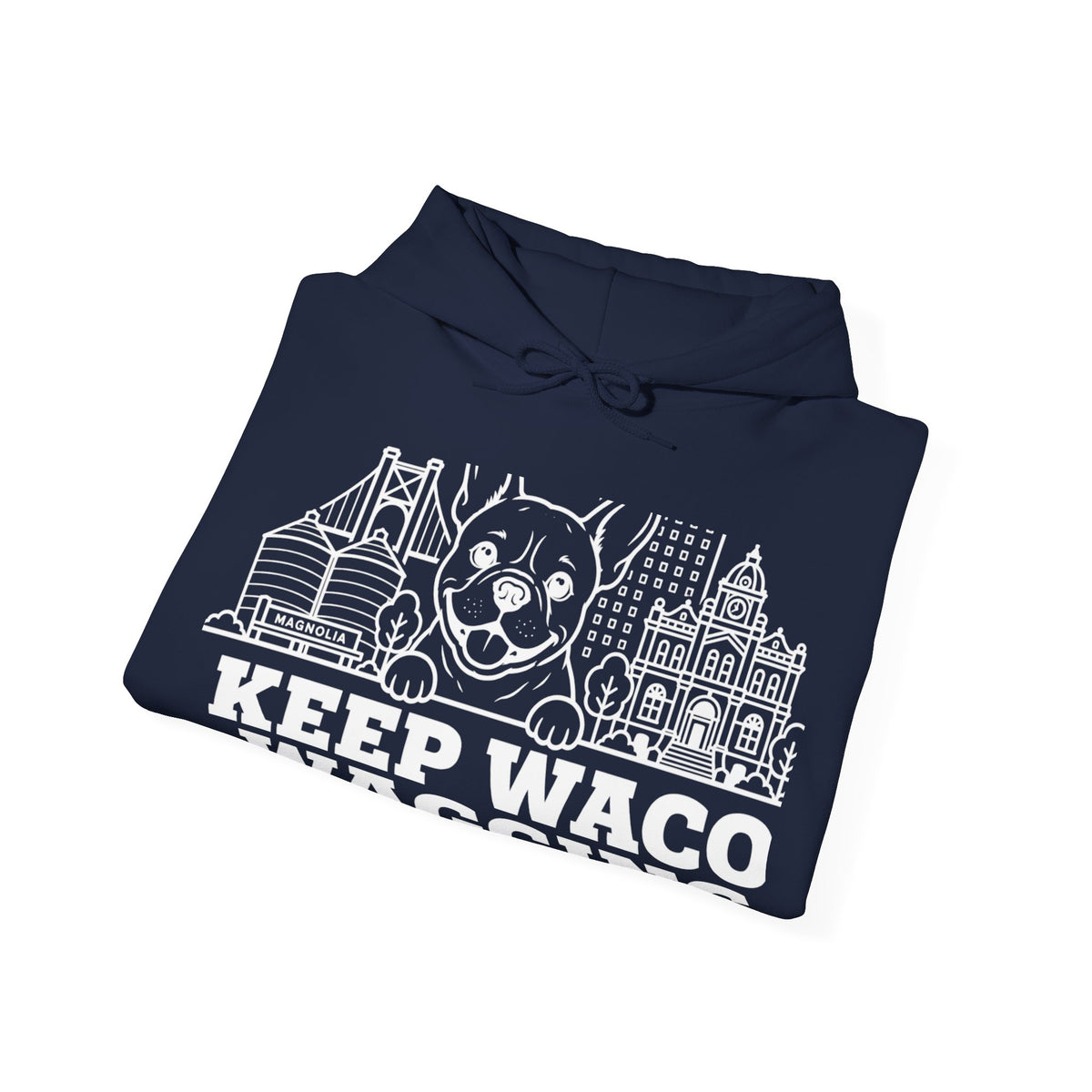 Waco Frenchie Hoodie — Frenchie and Waco skyline artwork, packaging or scale reference