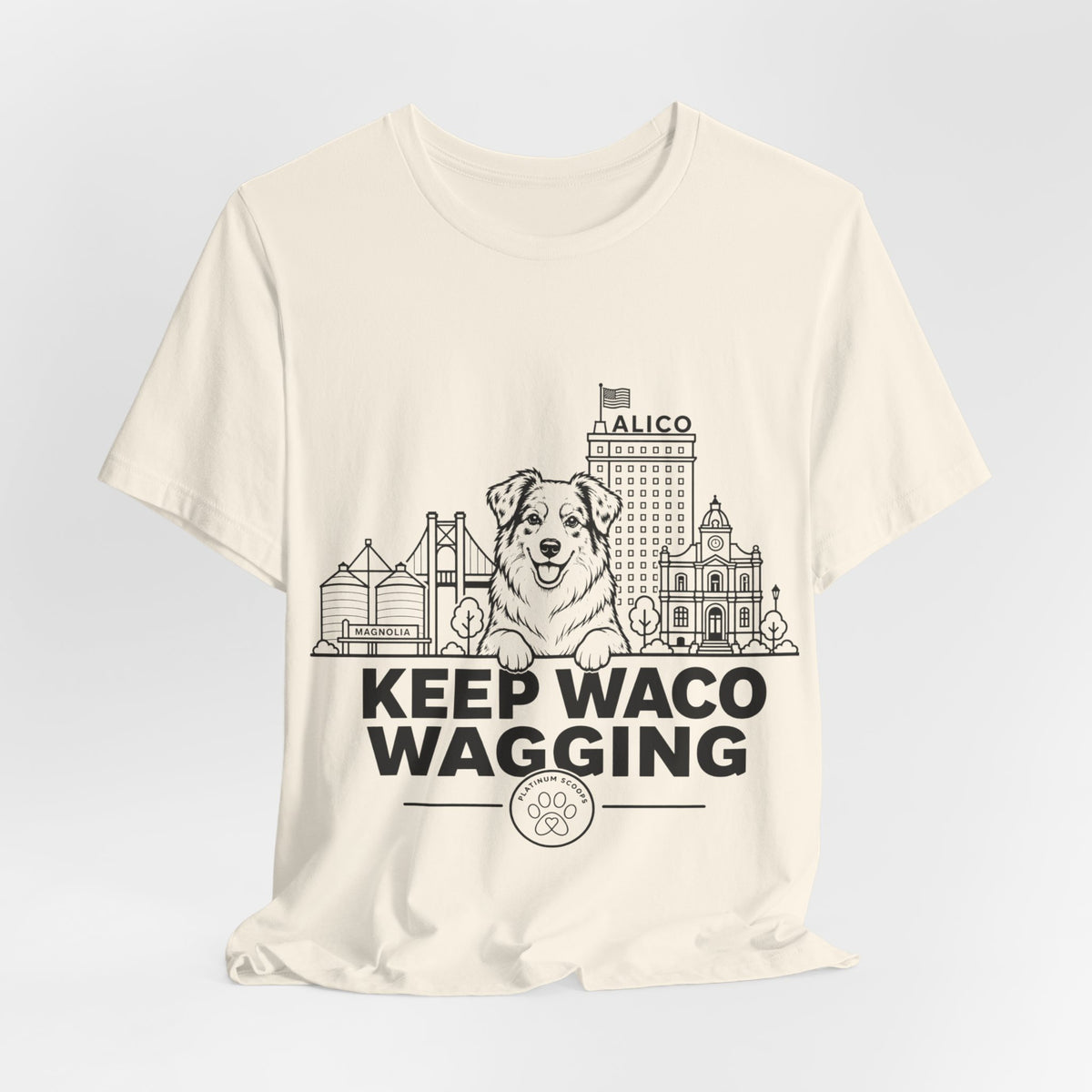 Keep Waco Wagging — Australian Shepherd and Waco skyline artwork, packaging or scale reference
