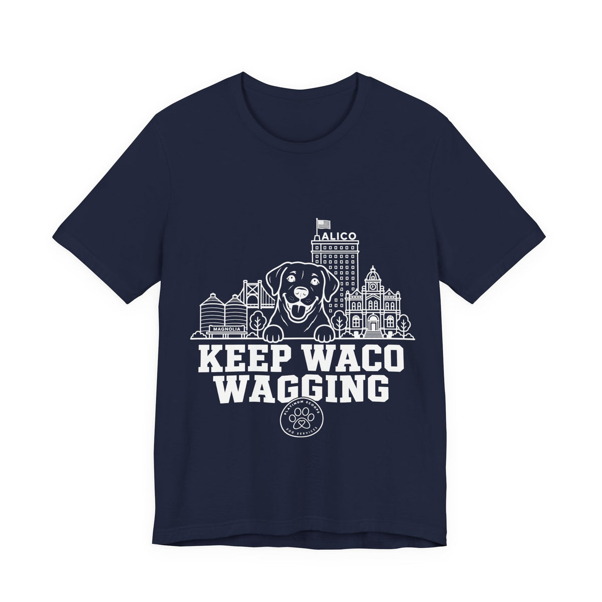 Keep Waco Wagging Labrador Edition — Labrador and Waco skyline artwork on Navy tee