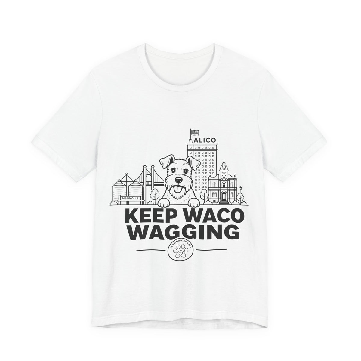 Keep Waco Wagging Schnauzer Edition — Schnauzer and Waco skyline artwork on White tee