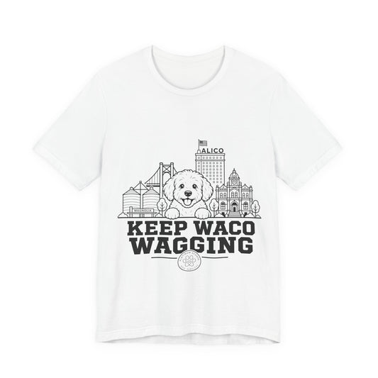 Keep Waco Wagging Maltipoo Edition — Maltipoo and Waco skyline artwork on White tee