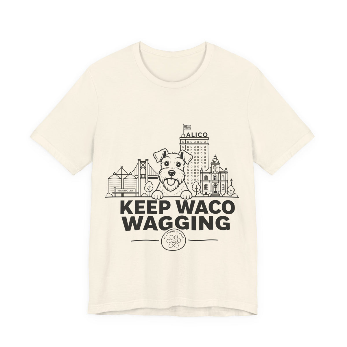 Keep Waco Wagging Schnauzer Edition — Schnauzer and Waco skyline artwork on Natural tee