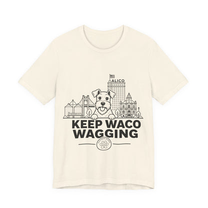 Keep Waco Wagging Schnauzer Edition — Schnauzer and Waco skyline artwork on Natural tee