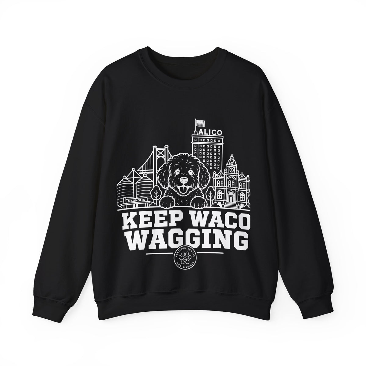 Waco Maltipoo Sweatshirt — Maltipoo and Waco skyline artwork on Black crewneck