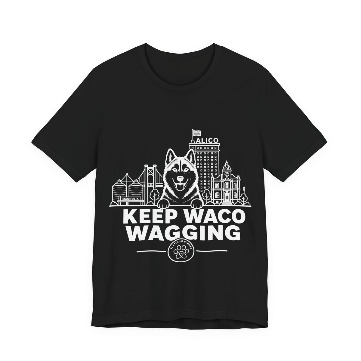 Keep Waco Wagging — Siberian Husky and Waco skyline artwork on Black tee
