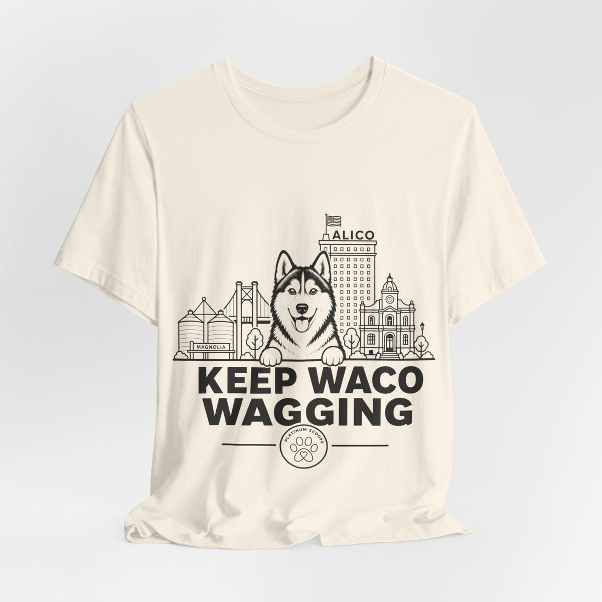 Keep Waco Wagging — Siberian Husky and Waco skyline artwork, packaging or scale reference