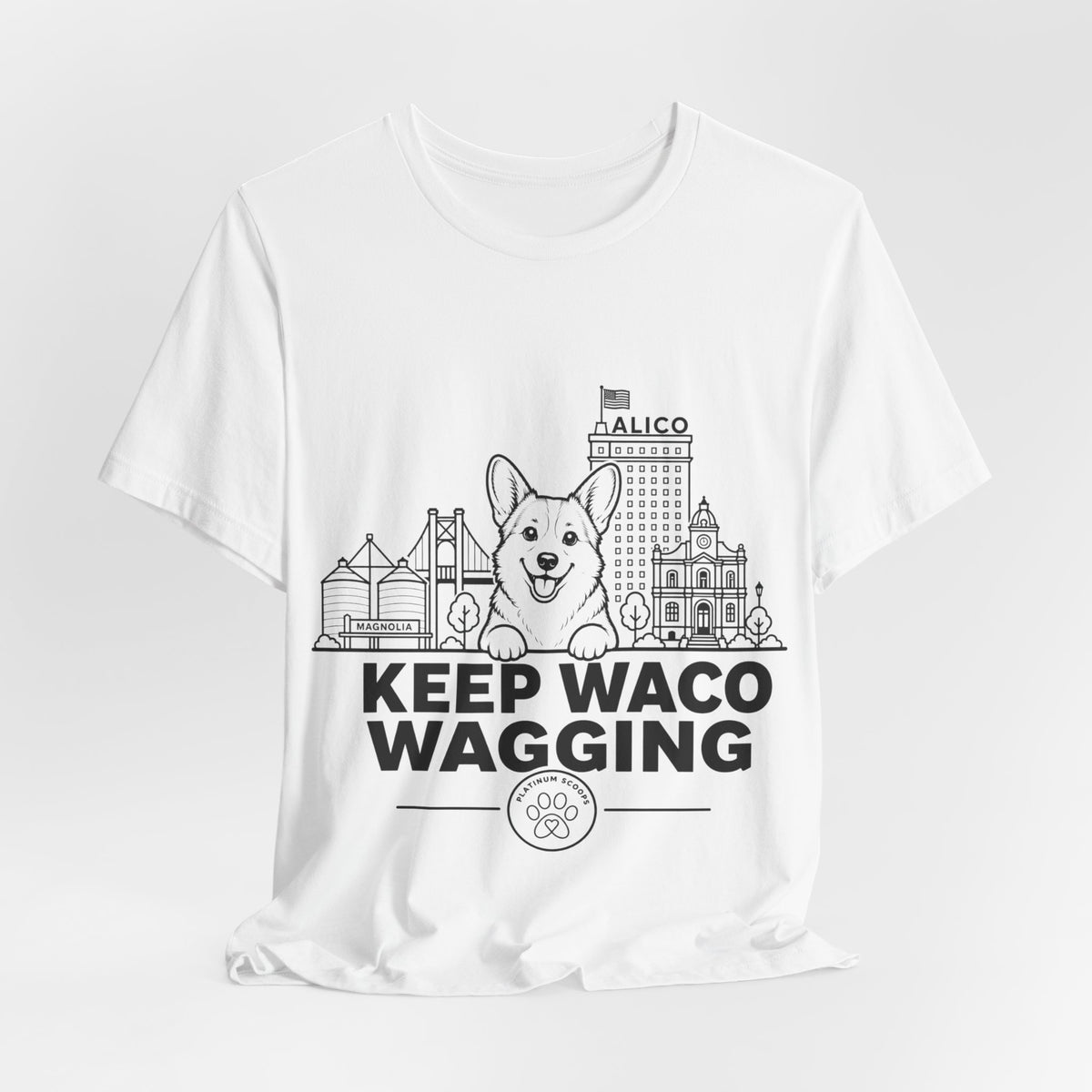 Keep Waco Wagging — Corgi and Waco skyline artwork, packaging or scale reference