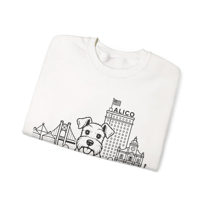 Waco Schnauzer Sweatshirt — Schnauzer and Waco skyline artwork, detail view