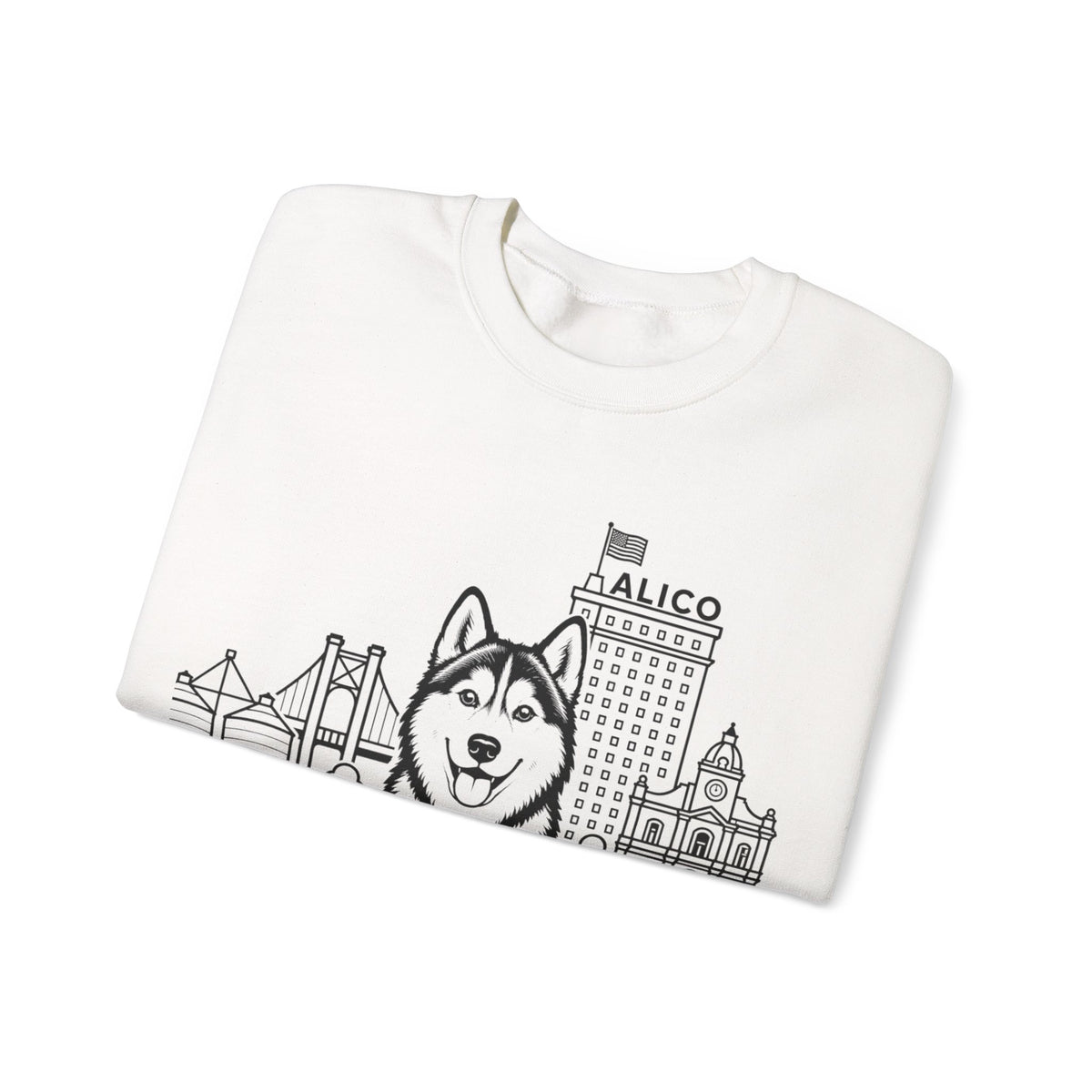 Waco Siberian Husky Sweatshirt — Siberian Husky and Waco skyline artwork, detail view