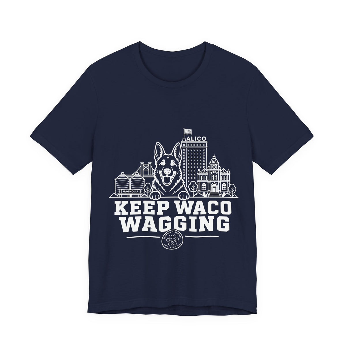 Keep Waco Wagging German Shepherd Edition — German Shepherd and Waco skyline artwork on Navy tee