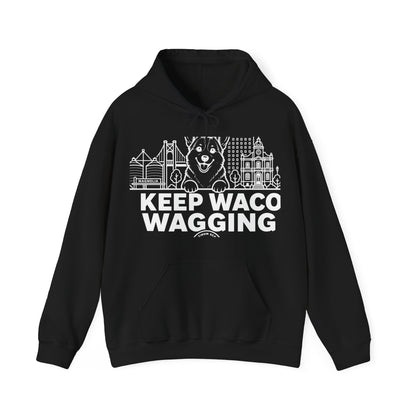 Waco Corgi Hoodie — Corgi and Waco skyline artwork on Black hoodie