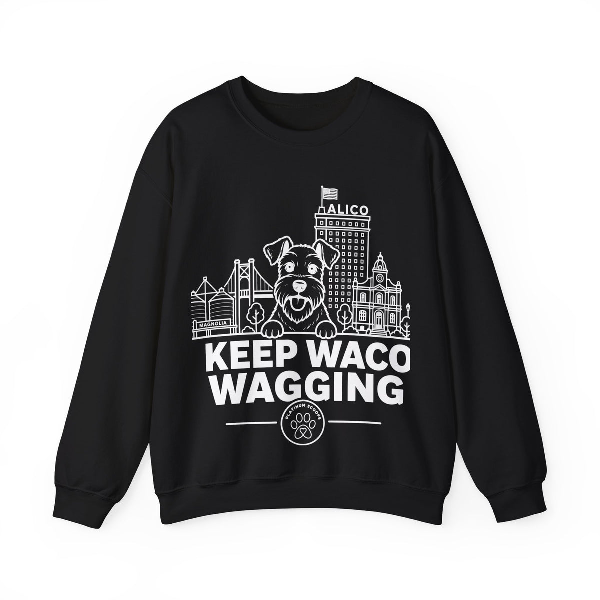 Waco Schnauzer Sweatshirt — Schnauzer and Waco skyline artwork on Black crewneck