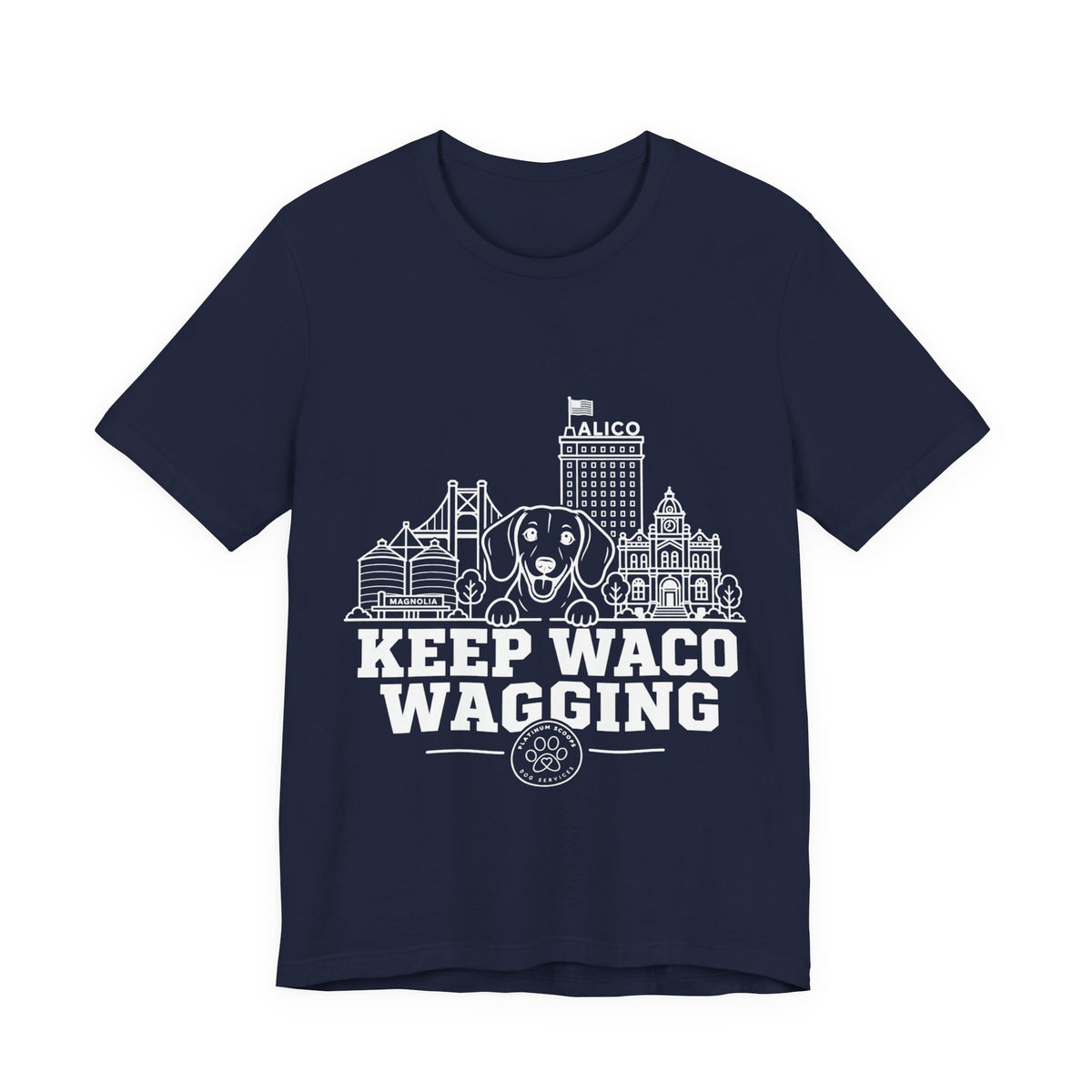 Keep Waco Wagging Dachshund Edition — Dachshund and Waco skyline artwork on Navy tee