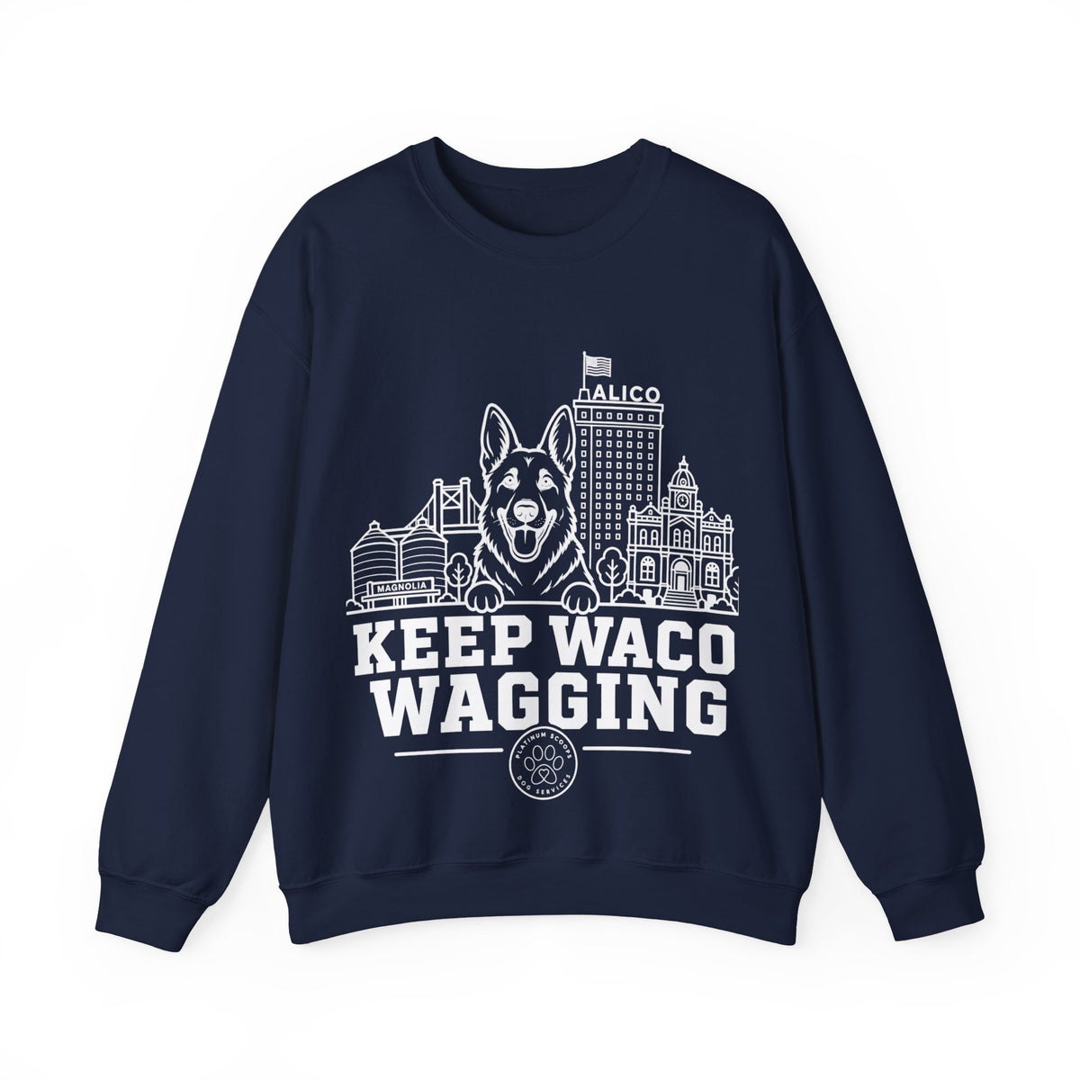 Waco German Shepherd Sweatshirt — German Shepherd and Waco skyline artwork on Navy crewneck