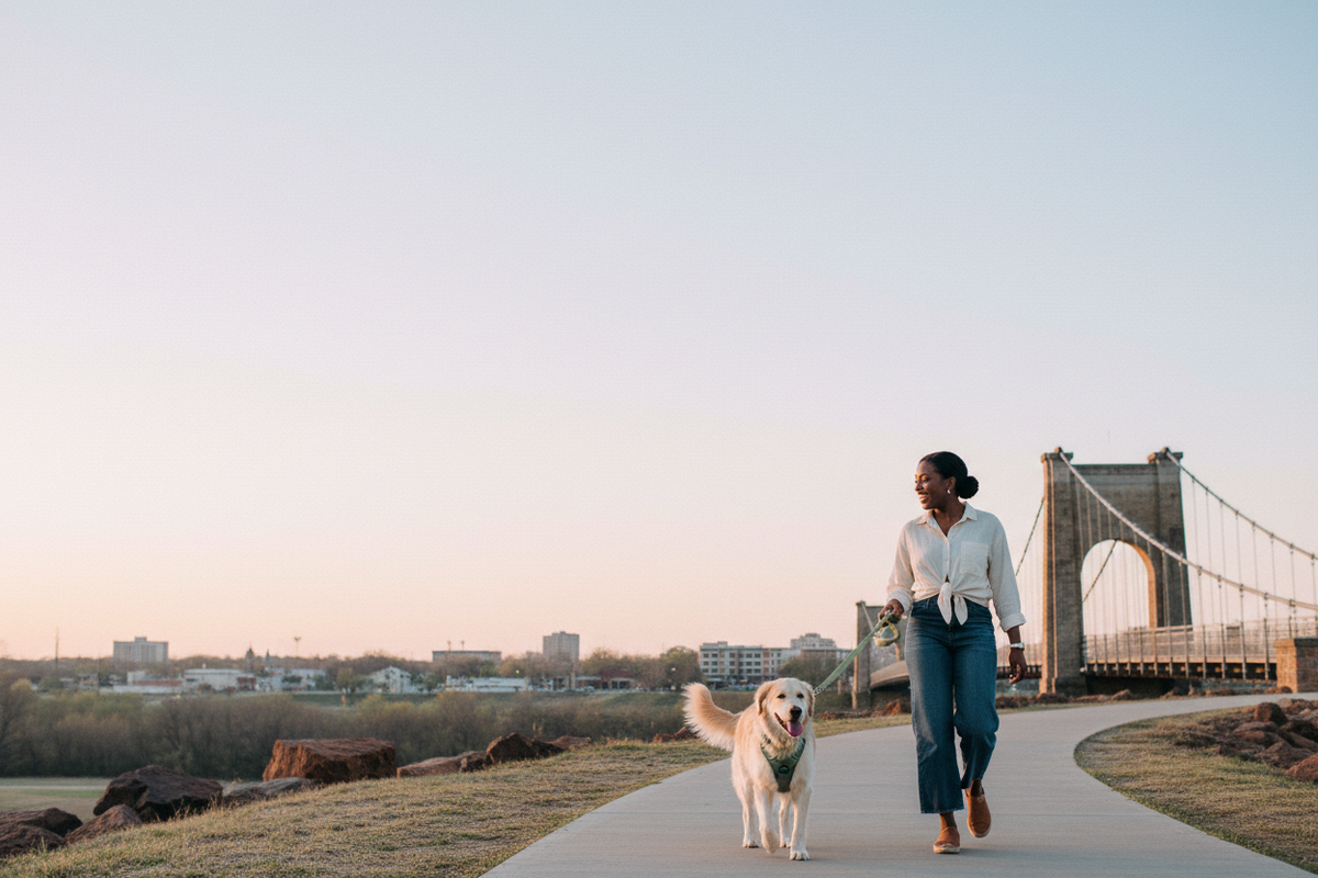 Waco hero: Black woman walking a dog near the suspension bridge, open space on the left